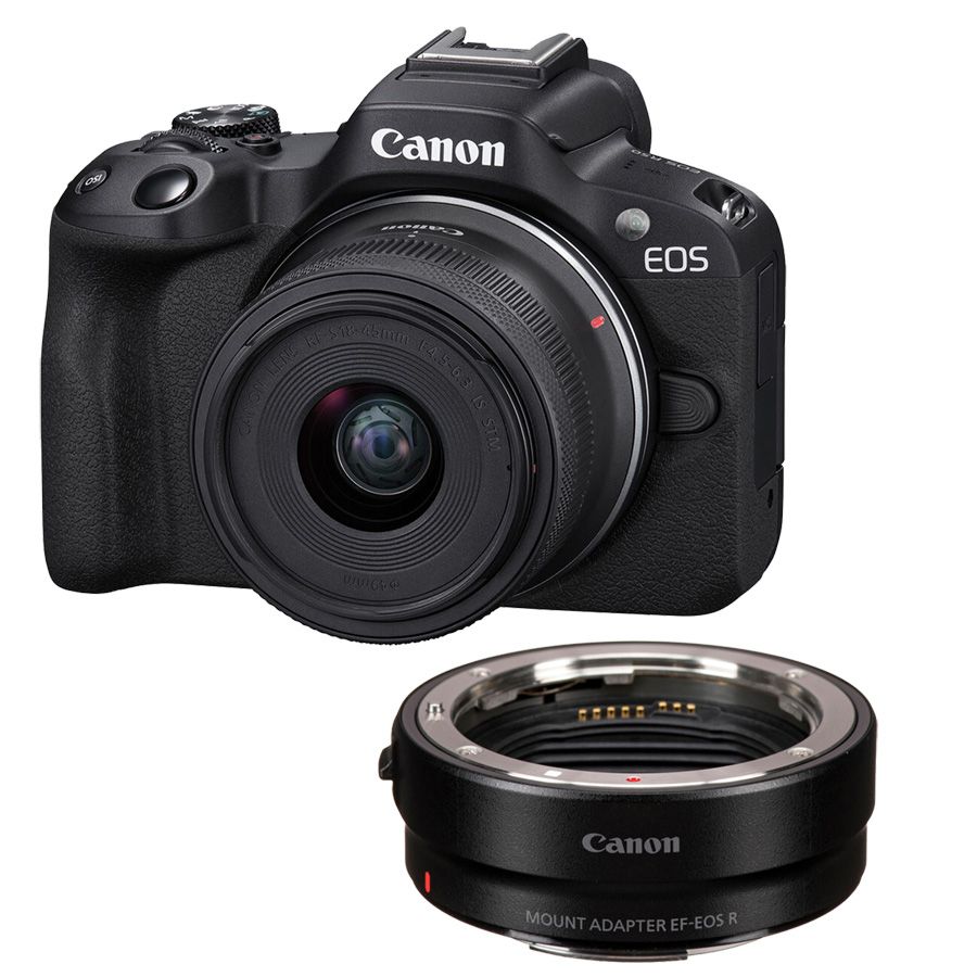 Câmera Canon EOS R50 com RF-S 18-45mm IS STM + Adaptador EF-EOS R