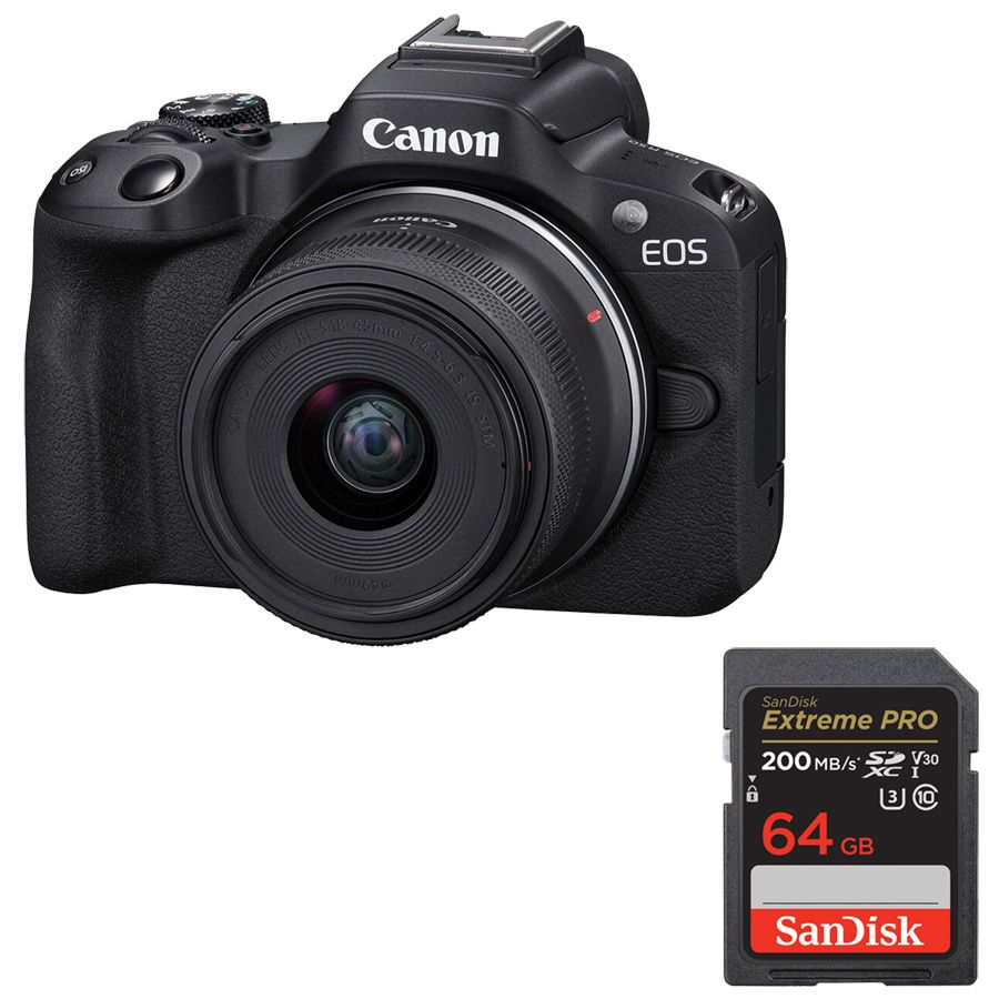 Câmera Canon EOS R50 com RF-S 18-45mm IS STM + Cartão SDXC SanDisk Extreme Pro 64GB (V30)