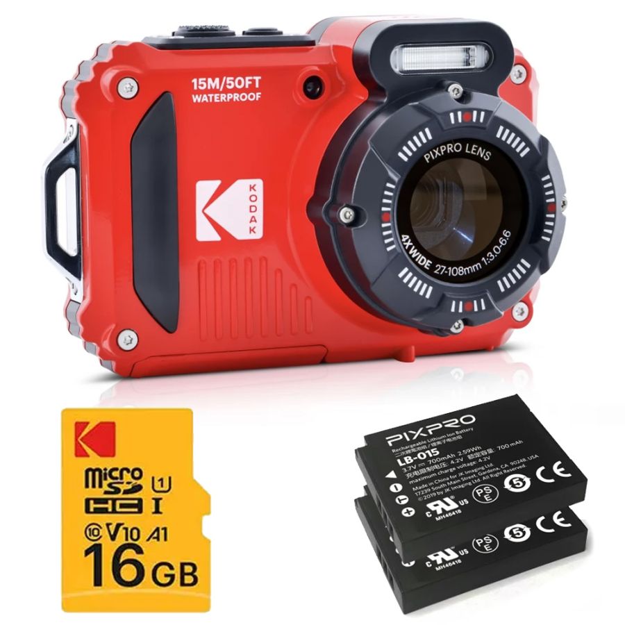 Câmera compacta Kodak PIXPRO WPZ2 à prova d'água (VERMELHO) - kit com 2 baterias e cartão de 16GB